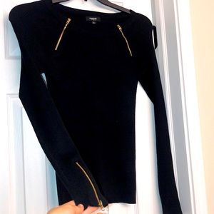 Women’s NEW Black Ribbed Sweater Gold Zip Detail